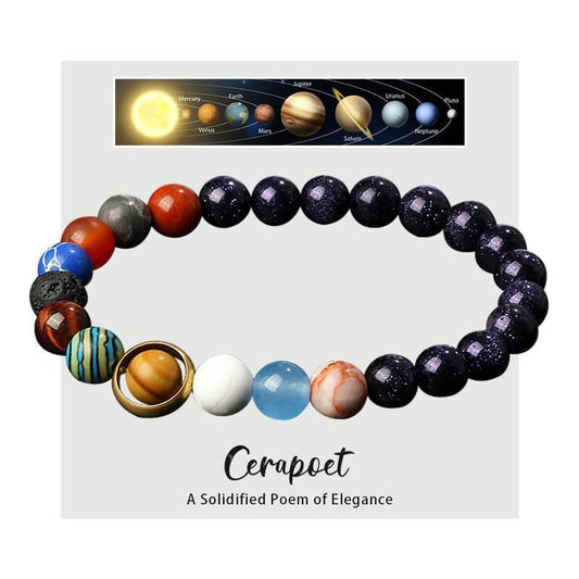 Cerapoet solar system bracelet with colorful planetary gemstone beads and blue goldstone