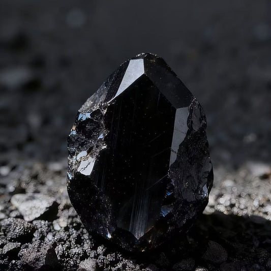 Polished black gemstone crystal on dark natural rock