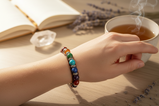 Hand wearing a handcrafted energy bracelet with colorful gemstone beads next to a cup of tea.