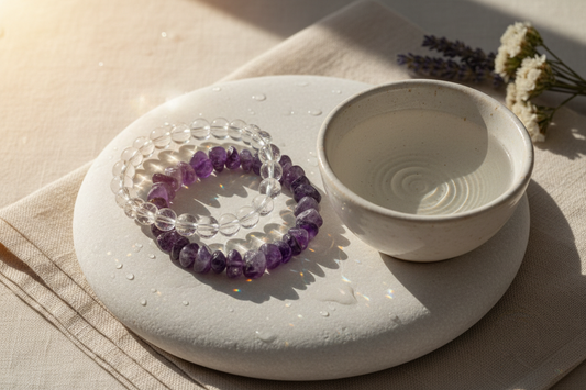 Two handcrafted energy bracelets, one clear quartz and one amethyst, next to a ceramic bowl.