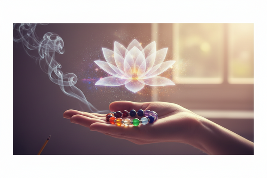 Hand holding a colorful gemstone energy bracelet with a glowing lotus flower and smoke