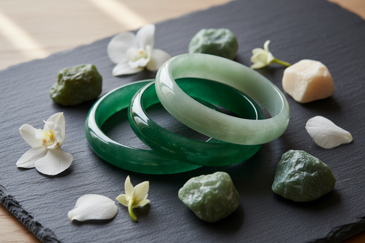 Three green jade bangles with white orchid flowers and raw gemstones on a dark slate background.