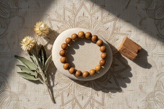Handcrafted wooden energy bracelet on a smooth stone with dried flowers and sandalwood.