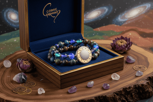 Cosmic Harmony energy bracelet with astrological beads in a luxury blue velvet box.