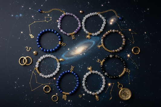 Set of celestial astrology energy bracelets arranged around a glowing galaxy background