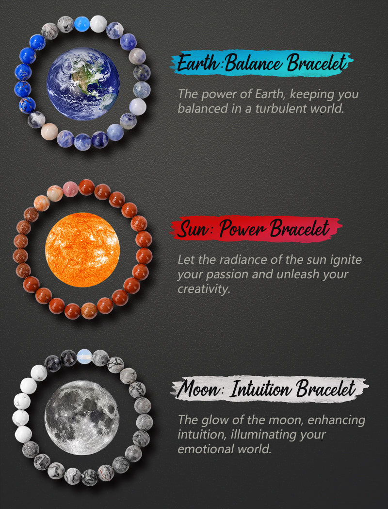 Three handcrafted energy bracelets representing Earth, Sun, and Moon on a dark background.