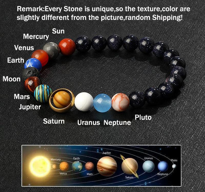 Handcrafted energy bracelet with beads representing planets of the solar system.