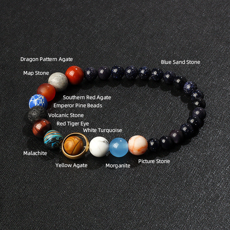 Handcrafted energy bracelet with various labeled gemstones including Blue Sand Stone and Agate.