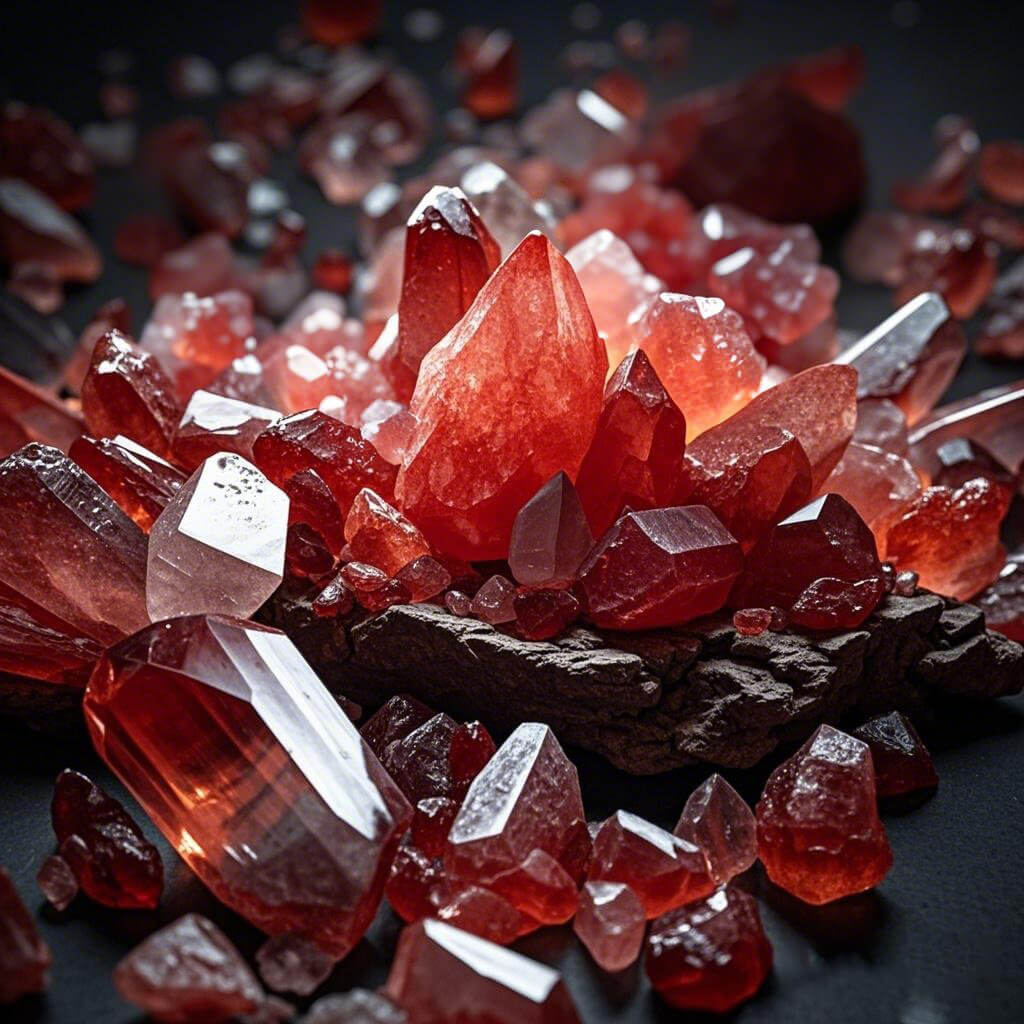 Close-up of raw red crystals and gemstones resting on a dark organic stone base.