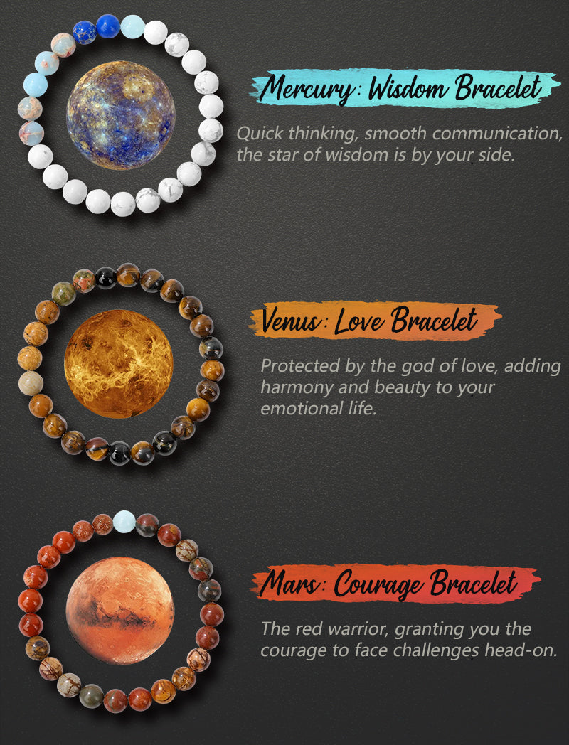 Set of three gemstone bracelets representing Mercury, Venus, and Mars planets.