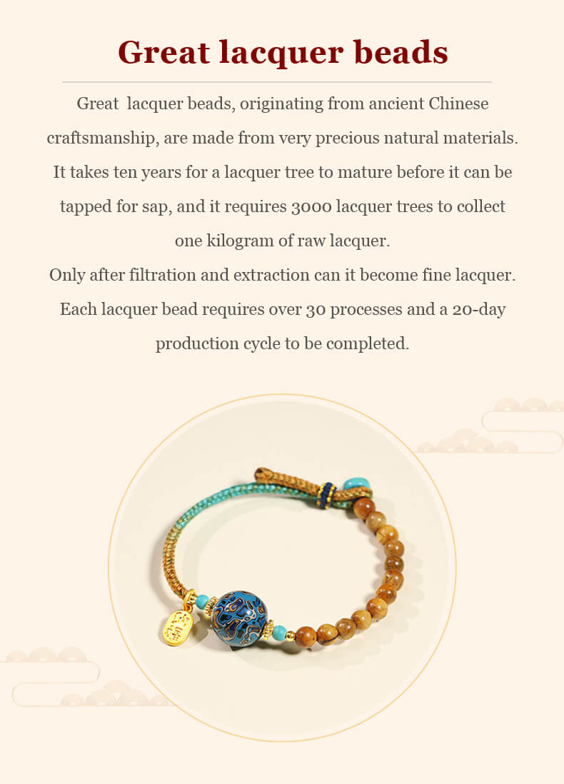 Handcrafted energy bracelet with natural lacquer beads and celestial blue accents.