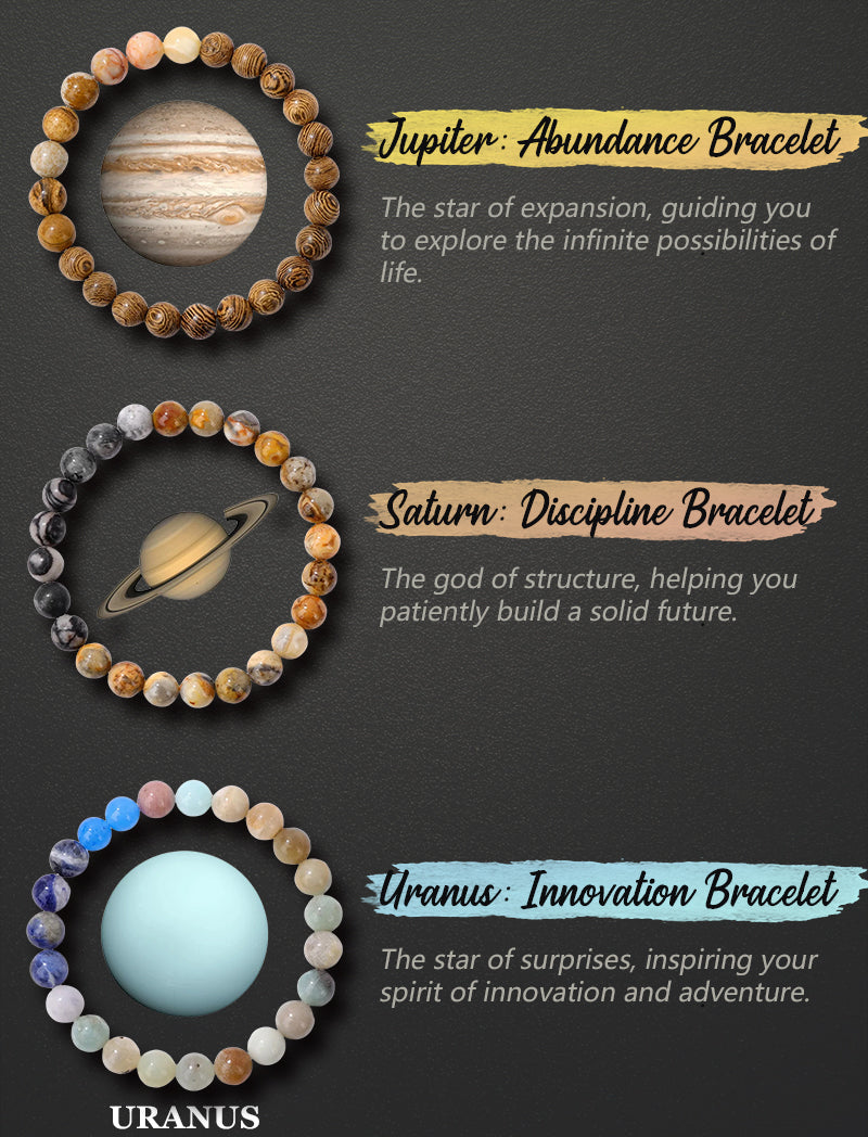 Three planetary energy bracelets: Jupiter Abundance, Saturn Discipline, and Uranus Innovation.