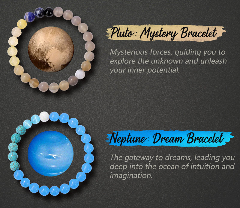 Pluto Mystery Bracelet and Neptune Dream Bracelet energy bracelets with planetary graphics.