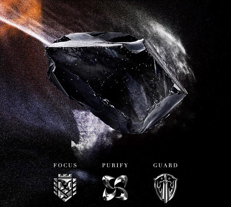 A black obsidian crystal stone with icons for focus, purify, and guard.