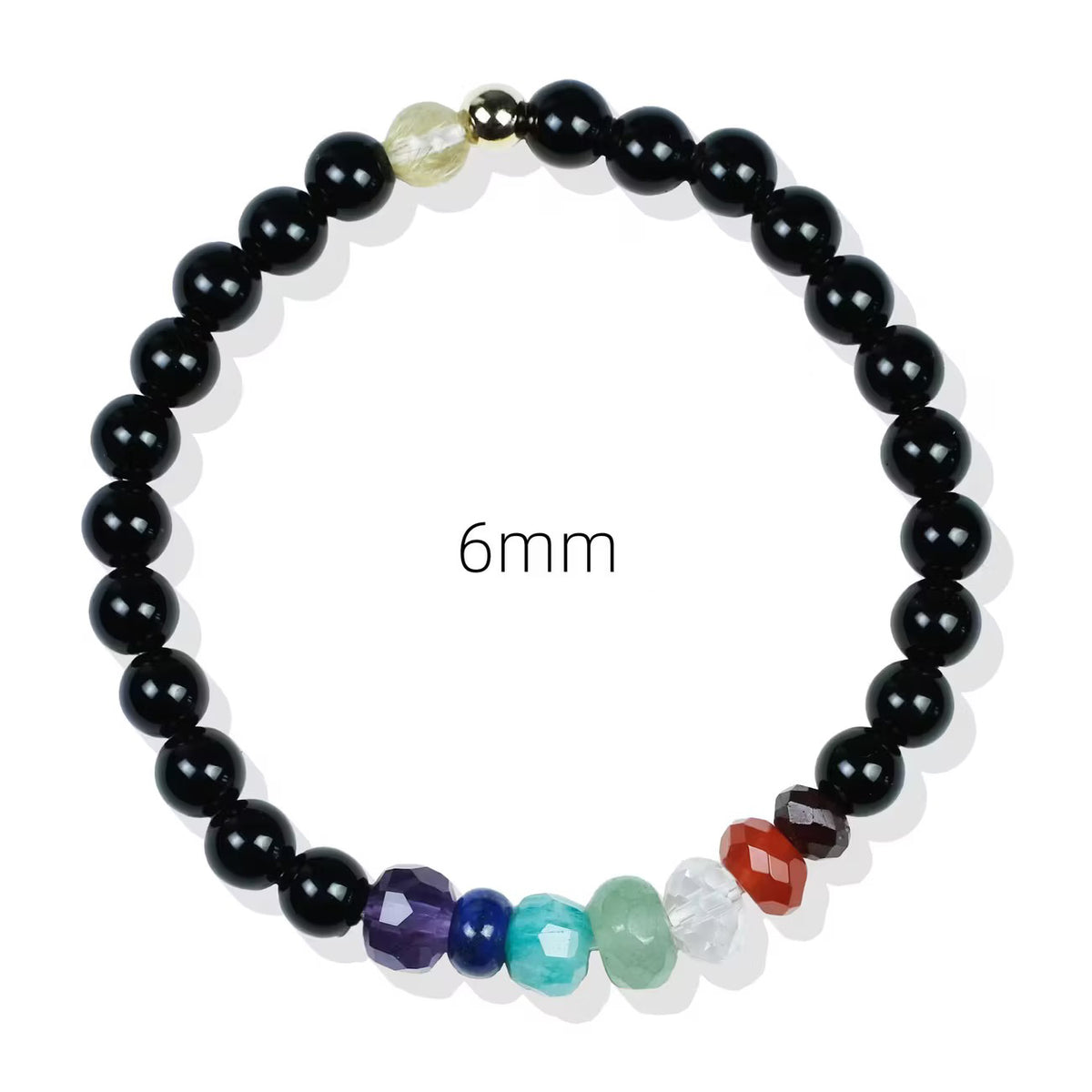 6mm black onyx energy bracelet with multi-colored chakra gemstone beads