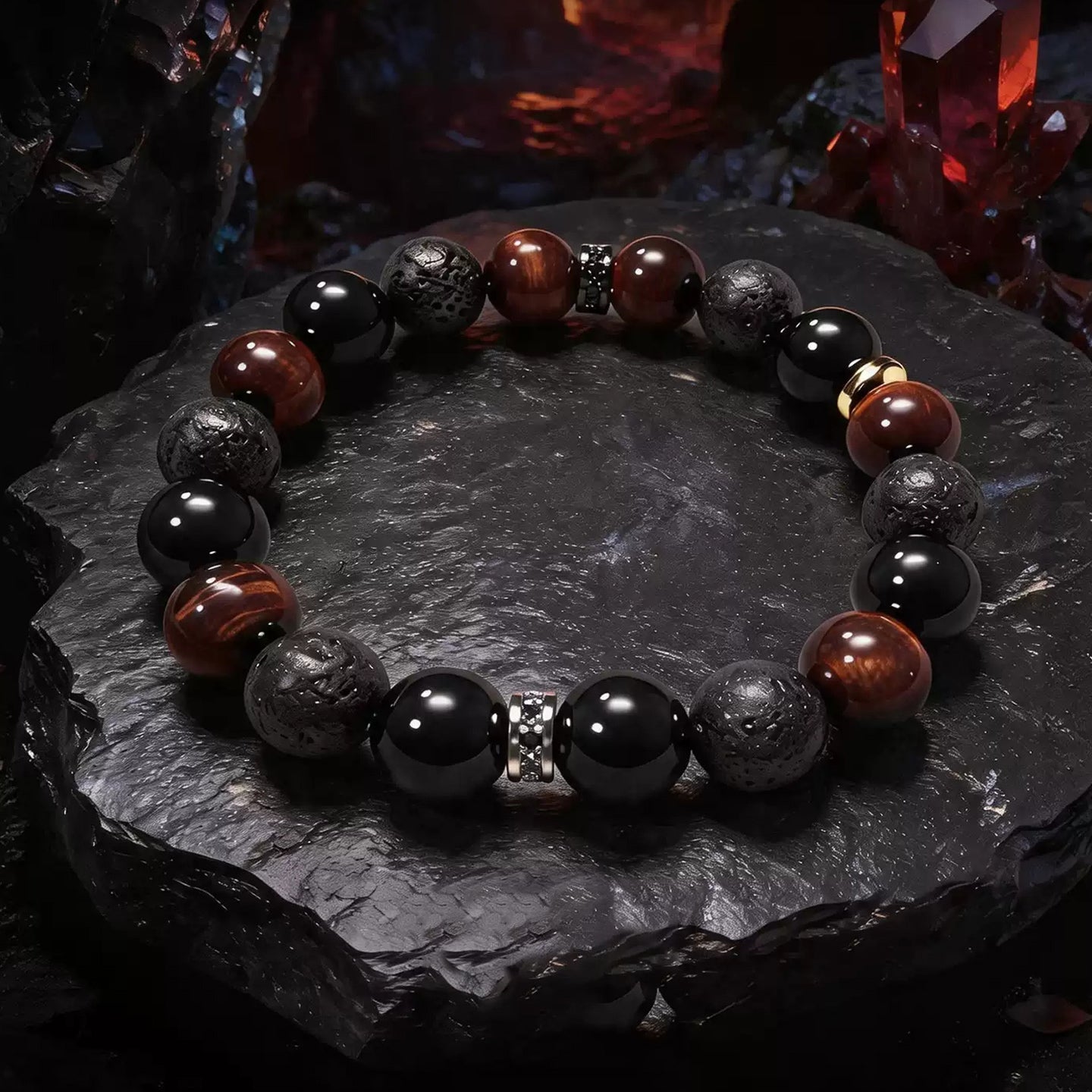 Ember Nocturne bracelet with red tiger’s eye, glossy black obsidian and textured lava stone beads