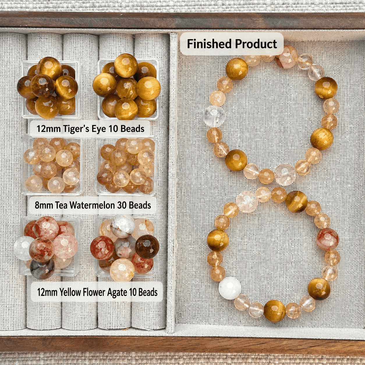 Handcrafted energy bracelet featuring Tiger's Eye, Tea Watermelon, and Yellow Flower Agate beads.