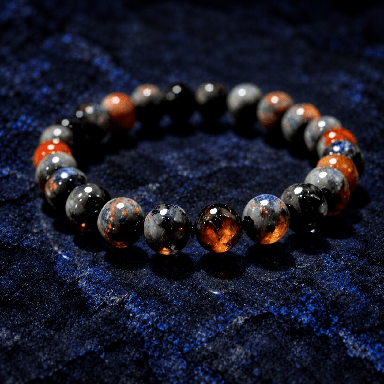Close-up of a gray mottled flame stone bracelet with scattered orange UV-reactive areas