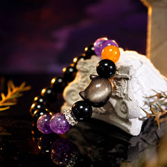 Silver sheen obsidian cat bead with amethyst, black obsidian and orange agate accents