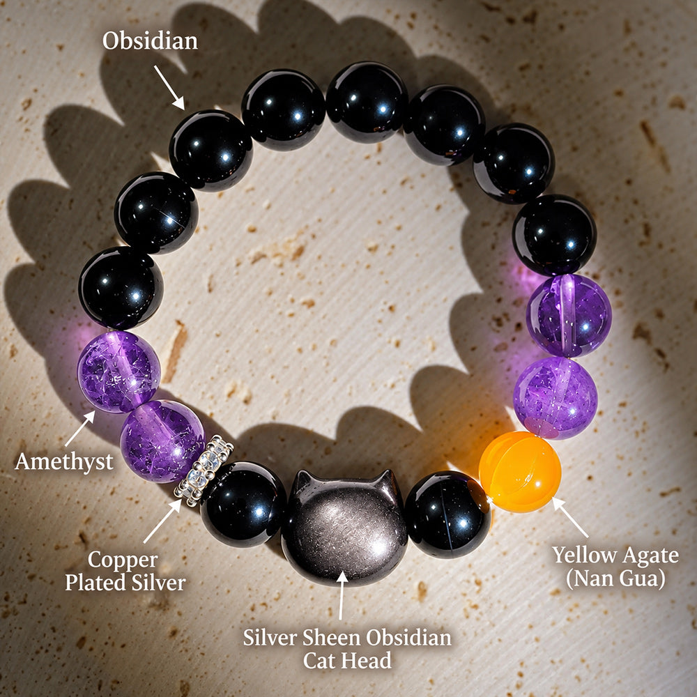 Material guide showing black obsidian, amethyst, yellow agate and a silver sheen obsidian cat bead