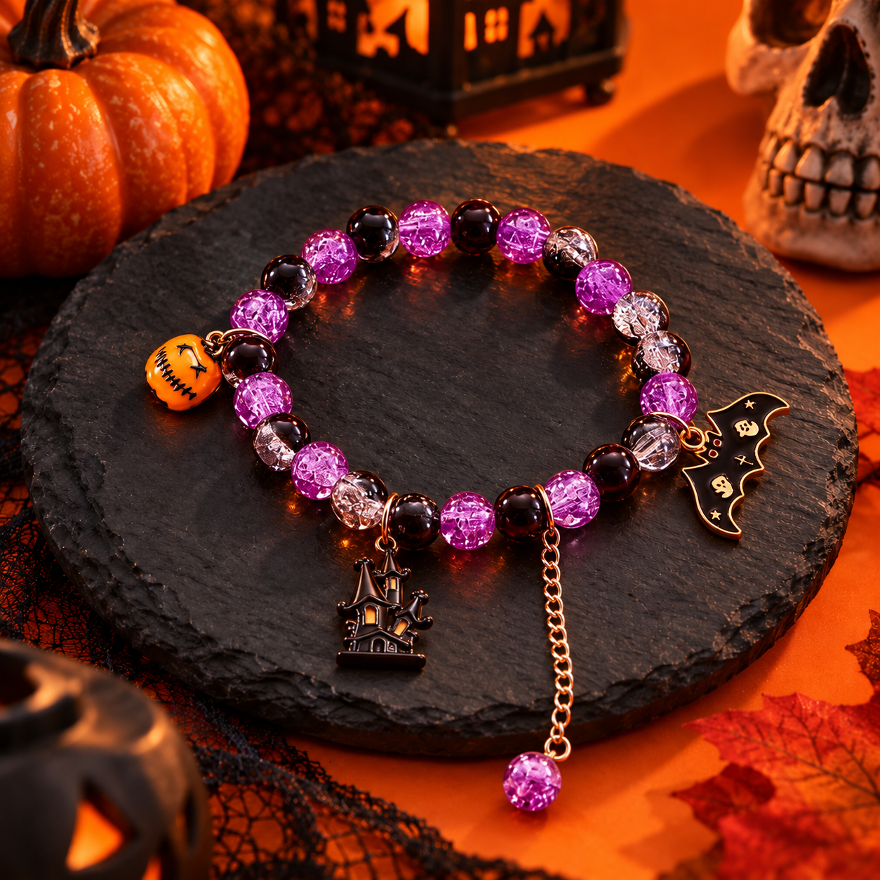 Styled concept scene of a purple haunted house and bat Halloween bracelet