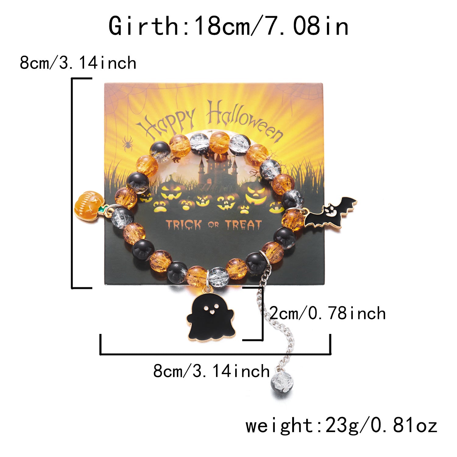 Orange ghost Halloween bracelet dimensions and 23 gram product weight