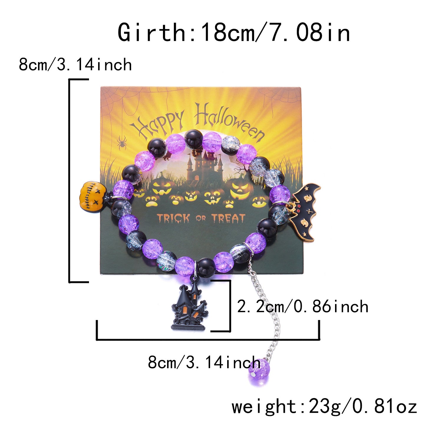 Purple haunted house Halloween bracelet dimensions and 23 gram product weight