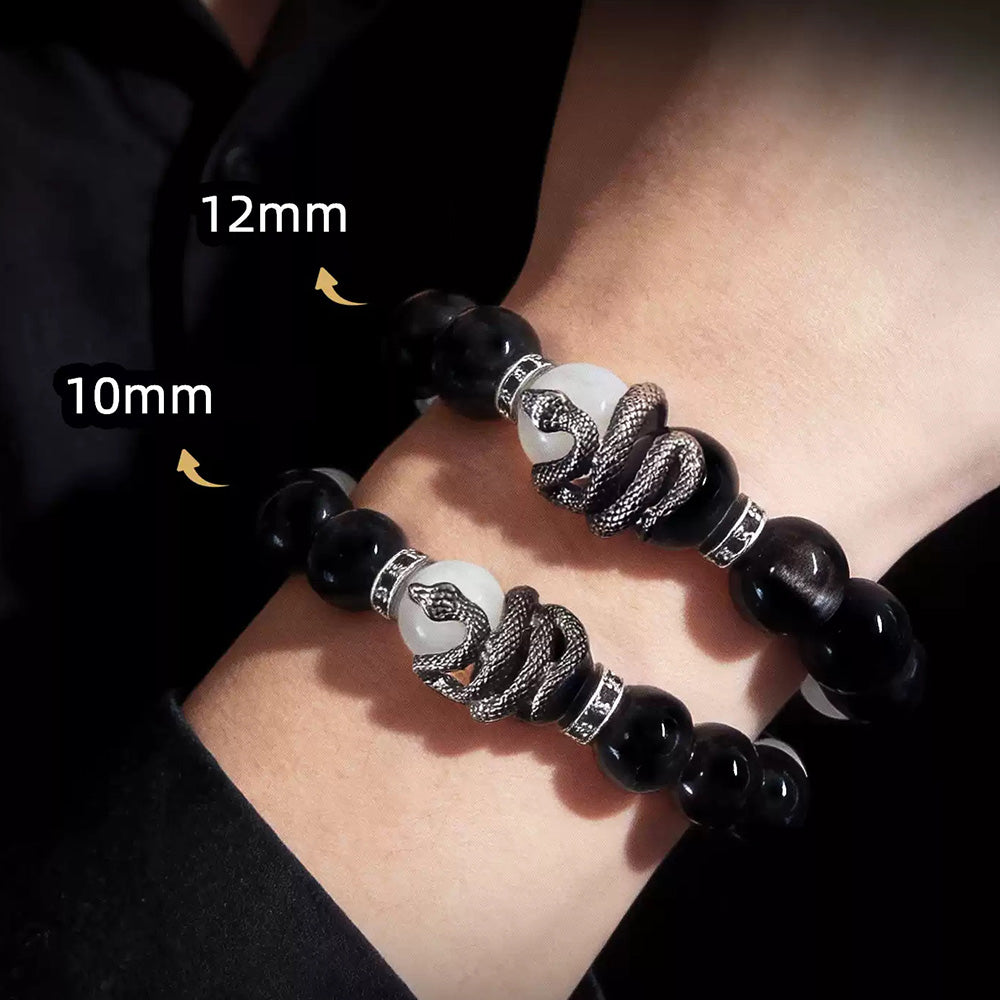Wrist comparison of Mooncoil bracelet options with 10 mm and 12 mm beads