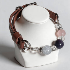 Natural Gemstone Symphony Pet Collar | Multi-Fluorite & Rose Quartz Genuine Leather